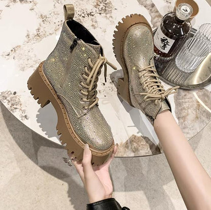 Shine Rhinestone Leather Casual Ankle Boots