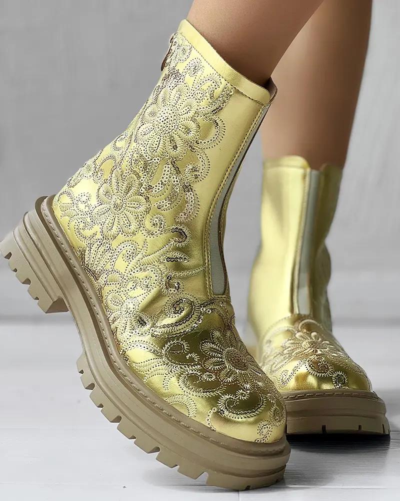 Sequin Floral Embroidery Platform Martin Boots