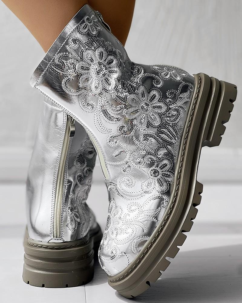 Sequin Floral Embroidery Platform Martin Boots