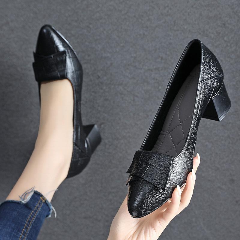 Leather Square Plaid Mid-Heel Shoes – vistrunta